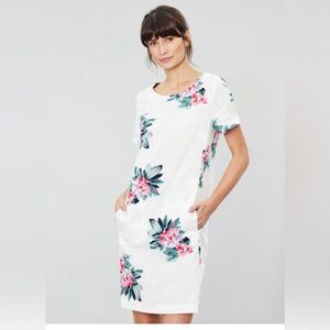 Joules Floral Shift Dress Cotton Linen Blend White Pink Green US 4 UK 8